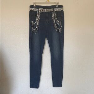 Amazon Dark Blue Skinny Jeans with Silver Chain Fringe